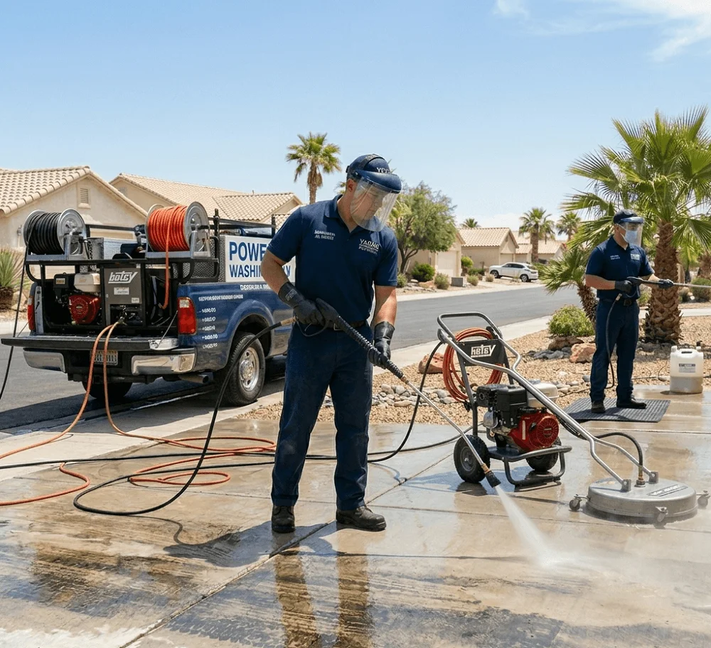 Professional Power Washing Services in Las Vegas | Power Washing LV Professional power washing technicians cleaning exterior concrete surfaces with commercial pressure washing equipment in Las Vegas