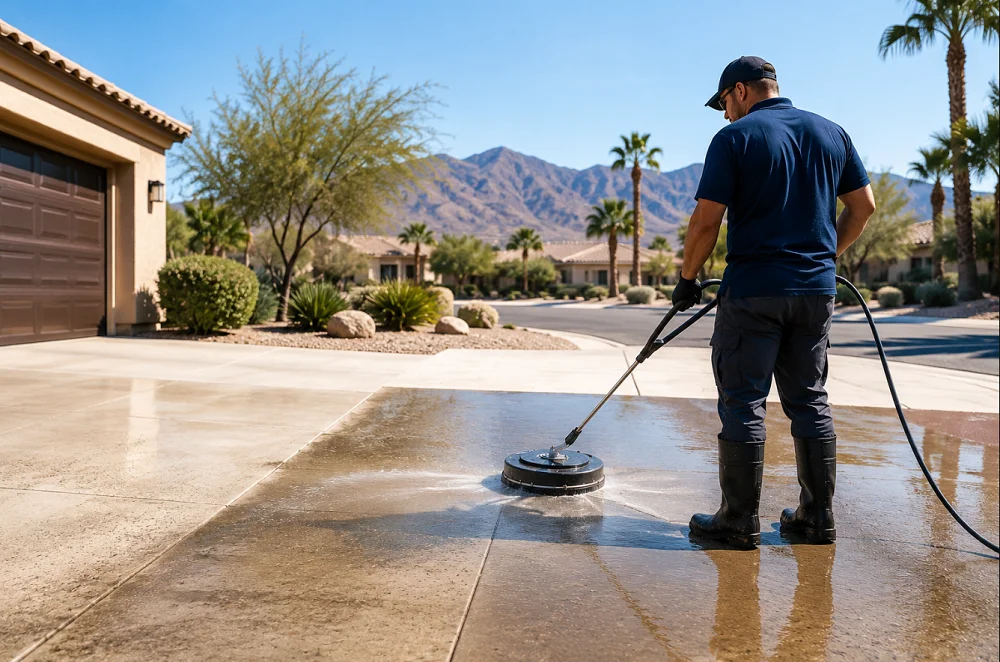 Professional pressure washing keeps a Henderson Nevada home clean and HOA compliant with a spotless driveway and exterior.